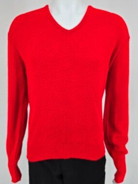 Vintage 1960s Red Orlon Acrylic Interlock Knit V-Neck Minimalist Mod Sweater (L)
